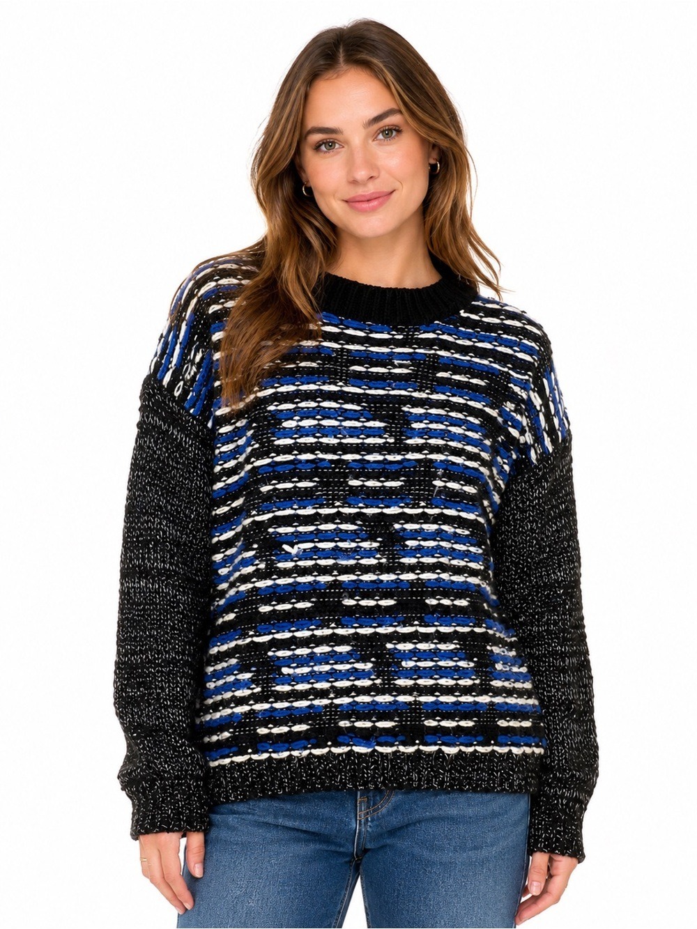 SILVIAN HEACH Crewneck Sweater Boxy Oversized Knit Woven Bouclé Black White Blue